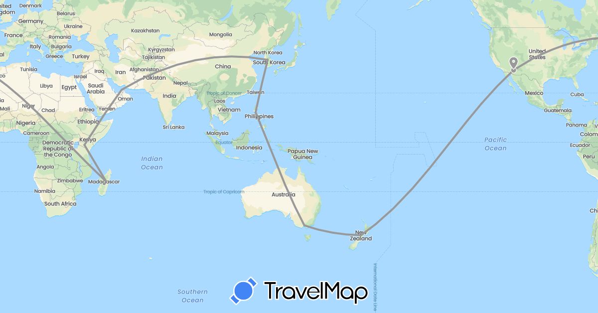 TravelMap itinerary: driving, plane in United Arab Emirates, Australia, Kenya, South Korea, Madagascar, New Zealand, Philippines, United States (Africa, Asia, North America, Oceania)
